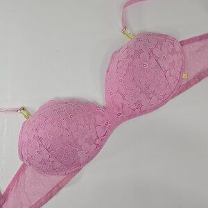 Victoria’s Secret Padded Wireless FLORAL Lace Bra Pink Womens Size 40C POLKA DOT